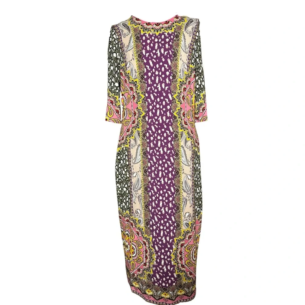 Women’s Fitted Multicolor Patterned Midi Dress - Pink/Purple